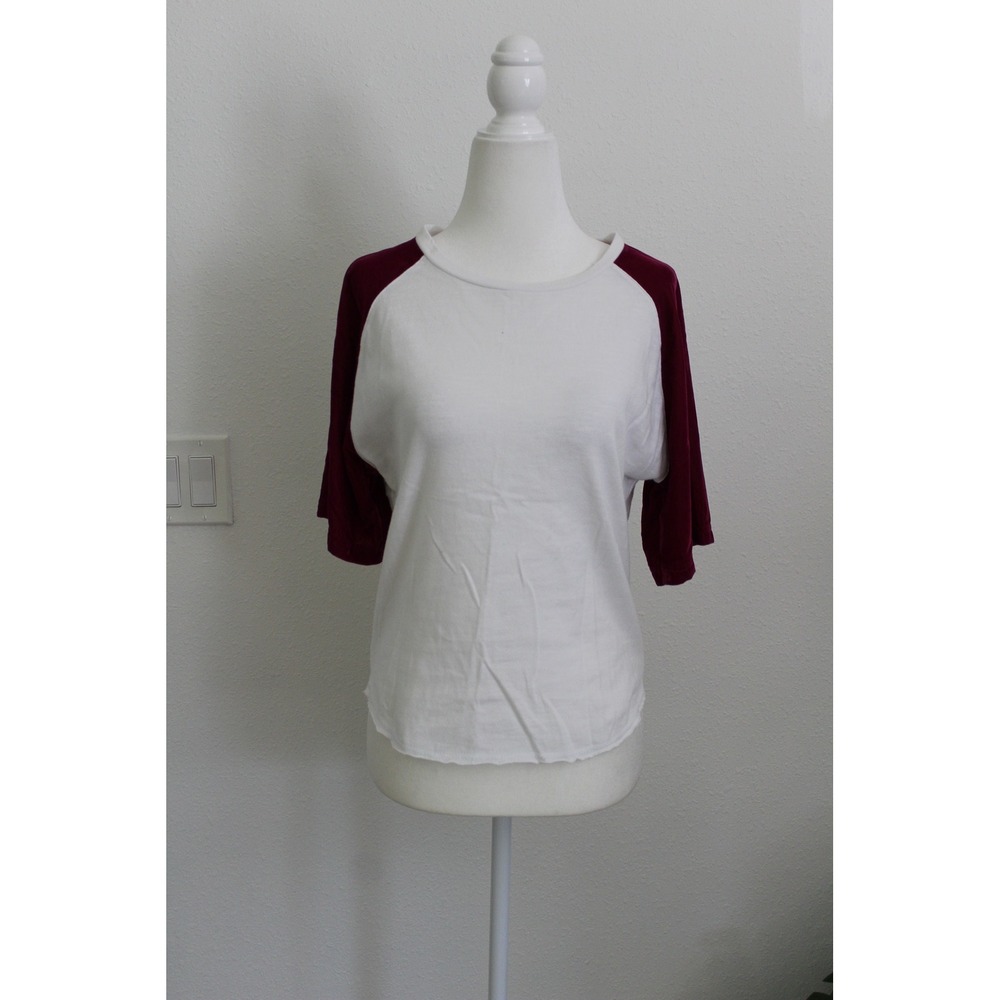 Current/Elliott Women's White Burgundy Velvet Raglan Baseball Tee Top Size 0